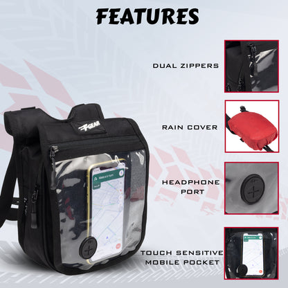 Alfie Black 2L Tank Pouch Motorcycle Bag with Rain cover & Headphone port