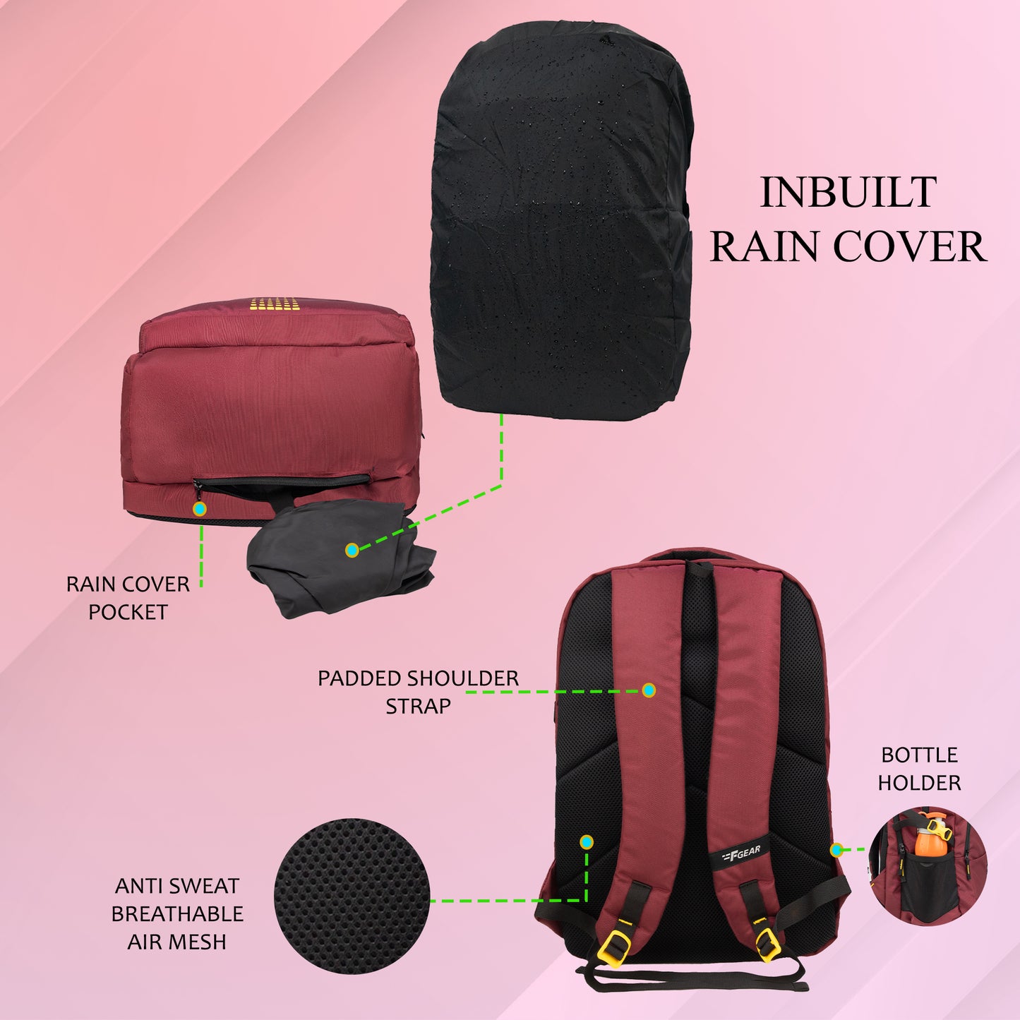 Ember 36L Maroon Backpack with Rain cover