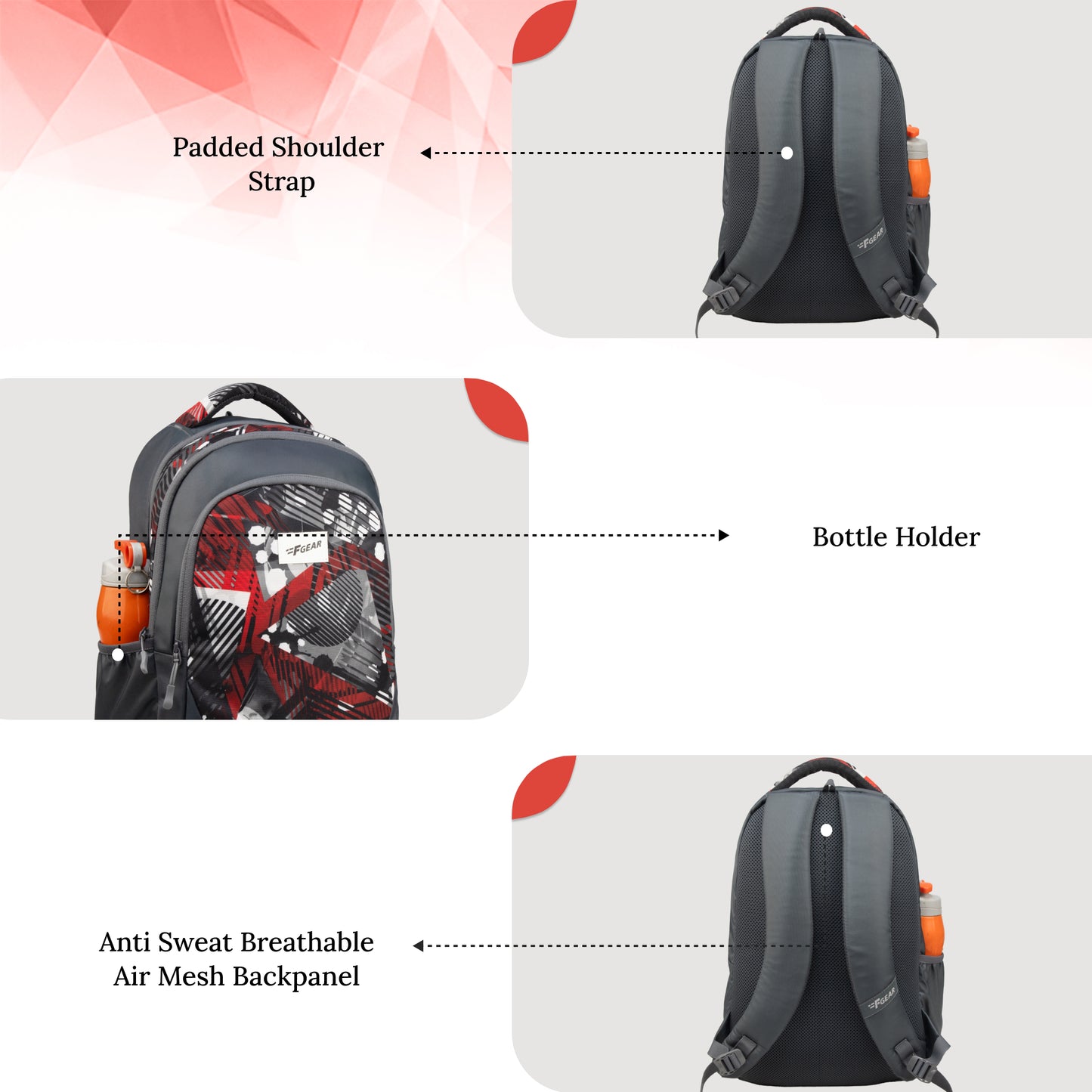 Panya 21L Grey Geometric Black Red Backpack