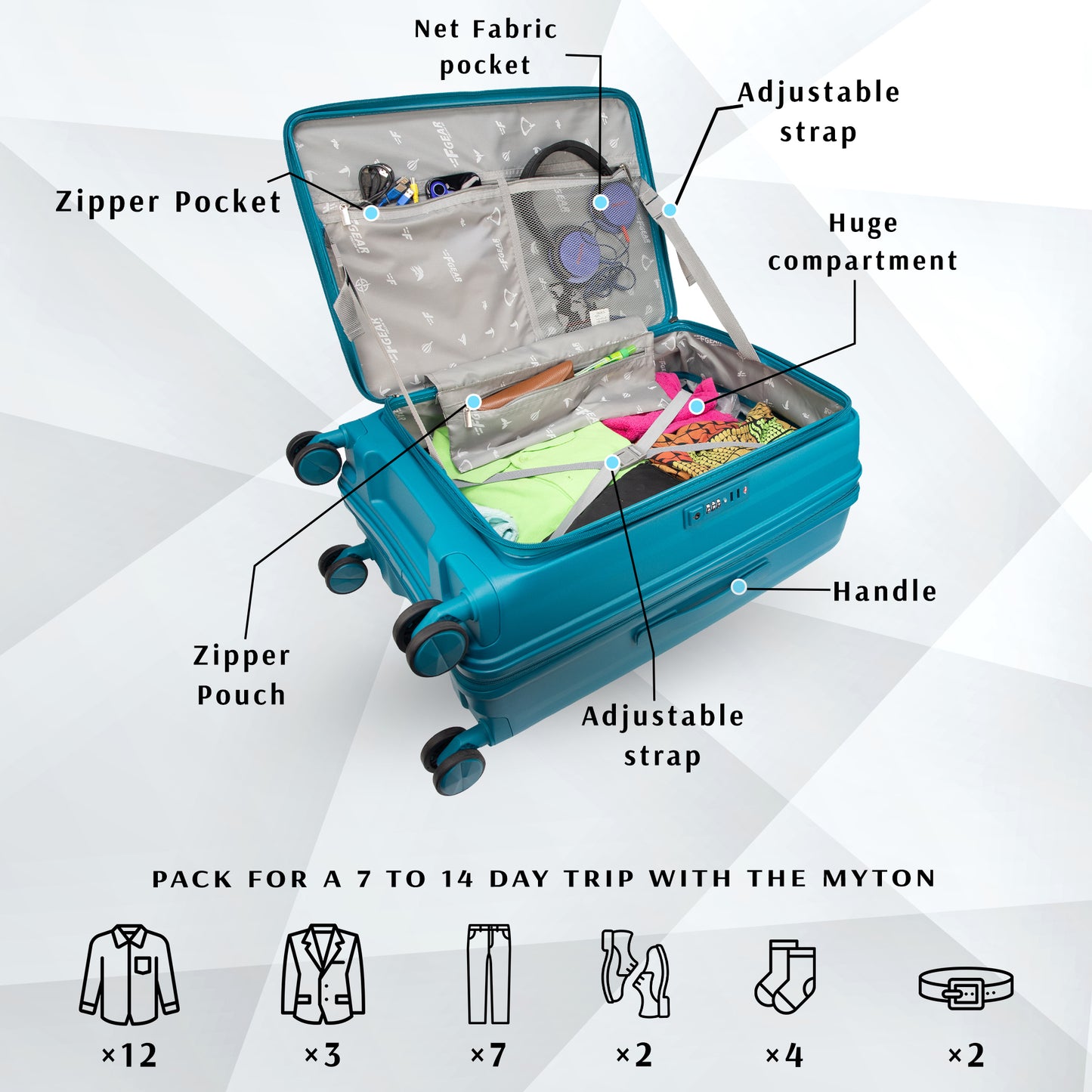 F Gear Myton Medium Front Opening Cyan Blue Check-in Strolley