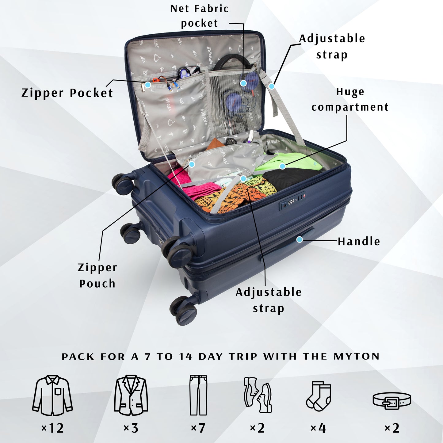 F Gear Myton Medium Front Opening Navy Check-in Strolley