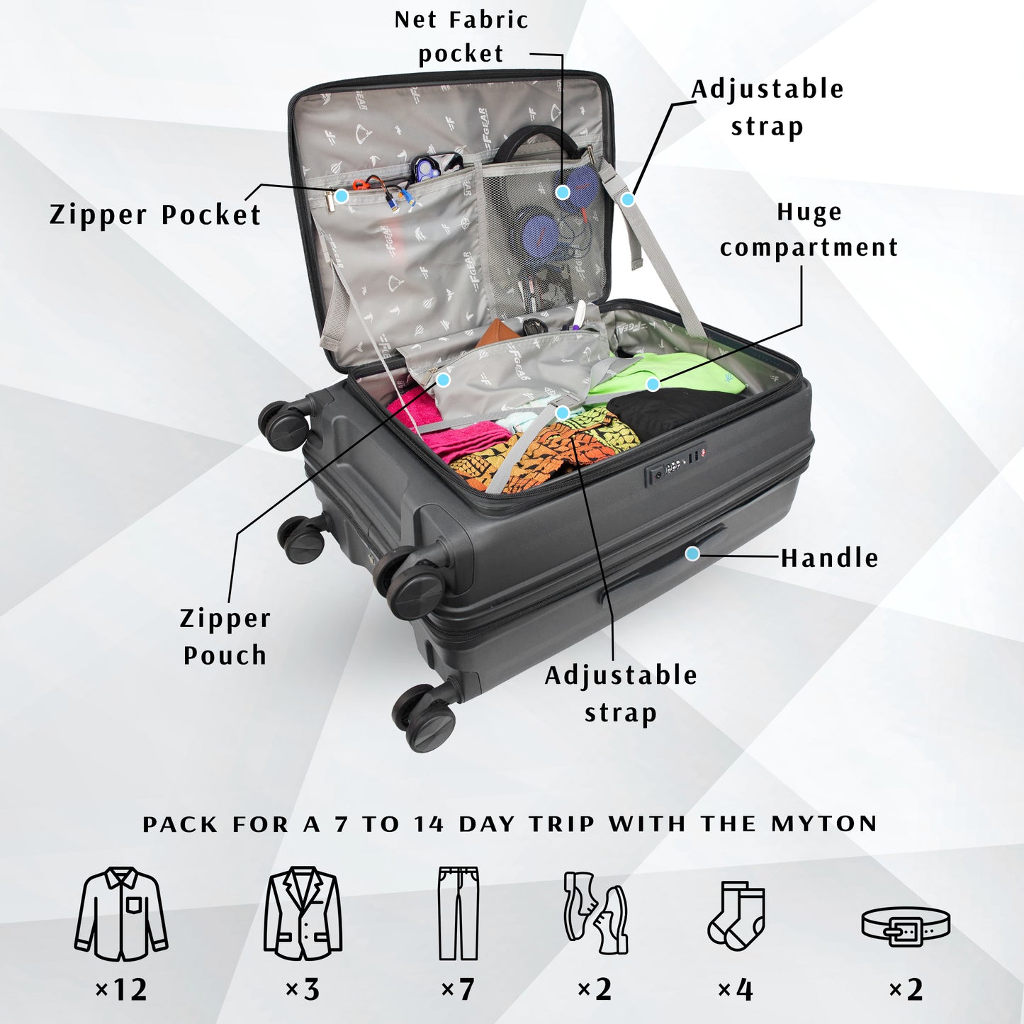 F Gear Myton Medium Front Opening Dark Grey Check-in Strolley