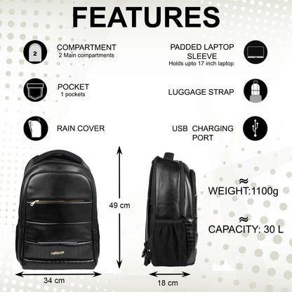 Zurich 30L Black Vegan Leather USB Laptop Backpack with Raincover