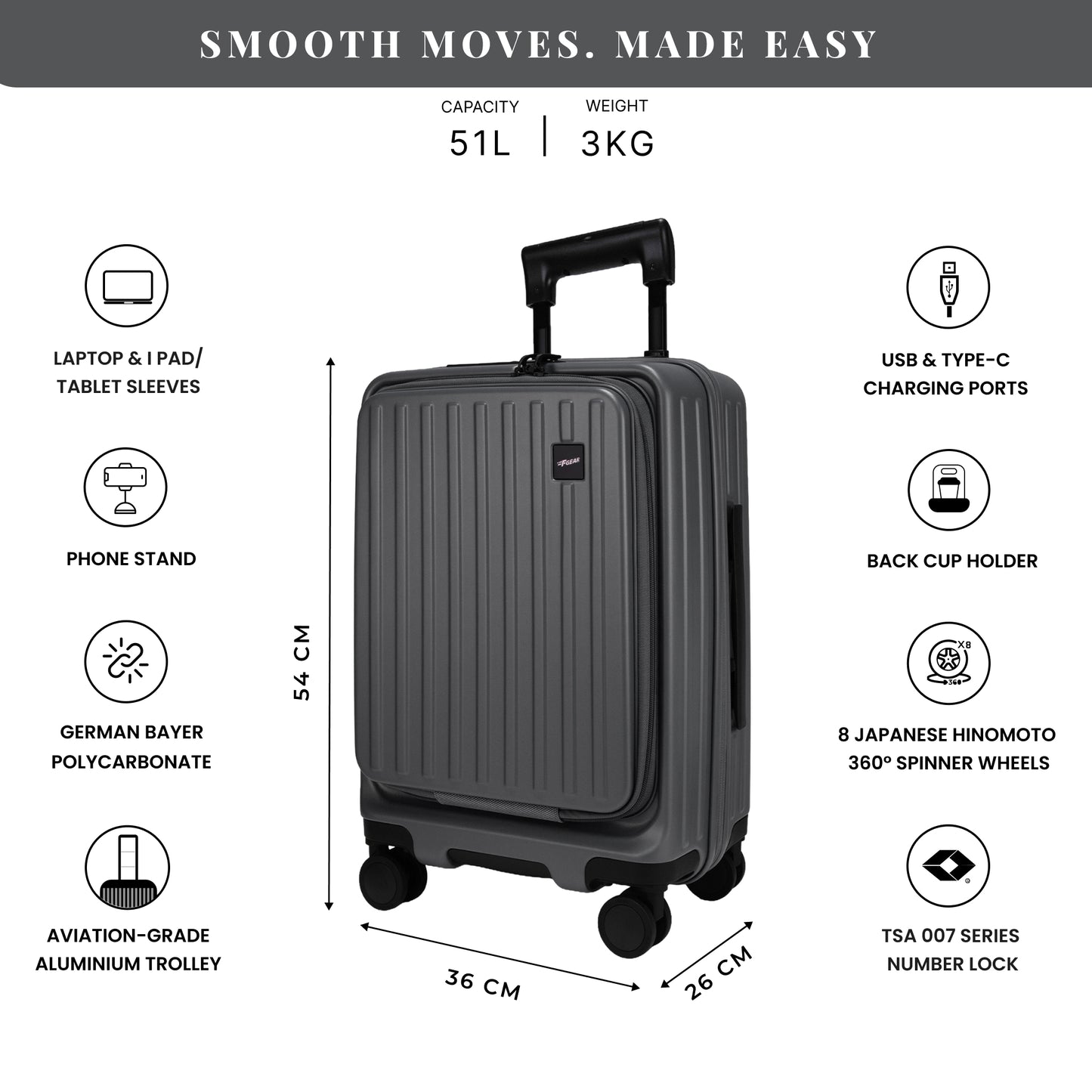 Montreal Small Cabin Pro Steel Grey 54 cms Front-Opening Strolley