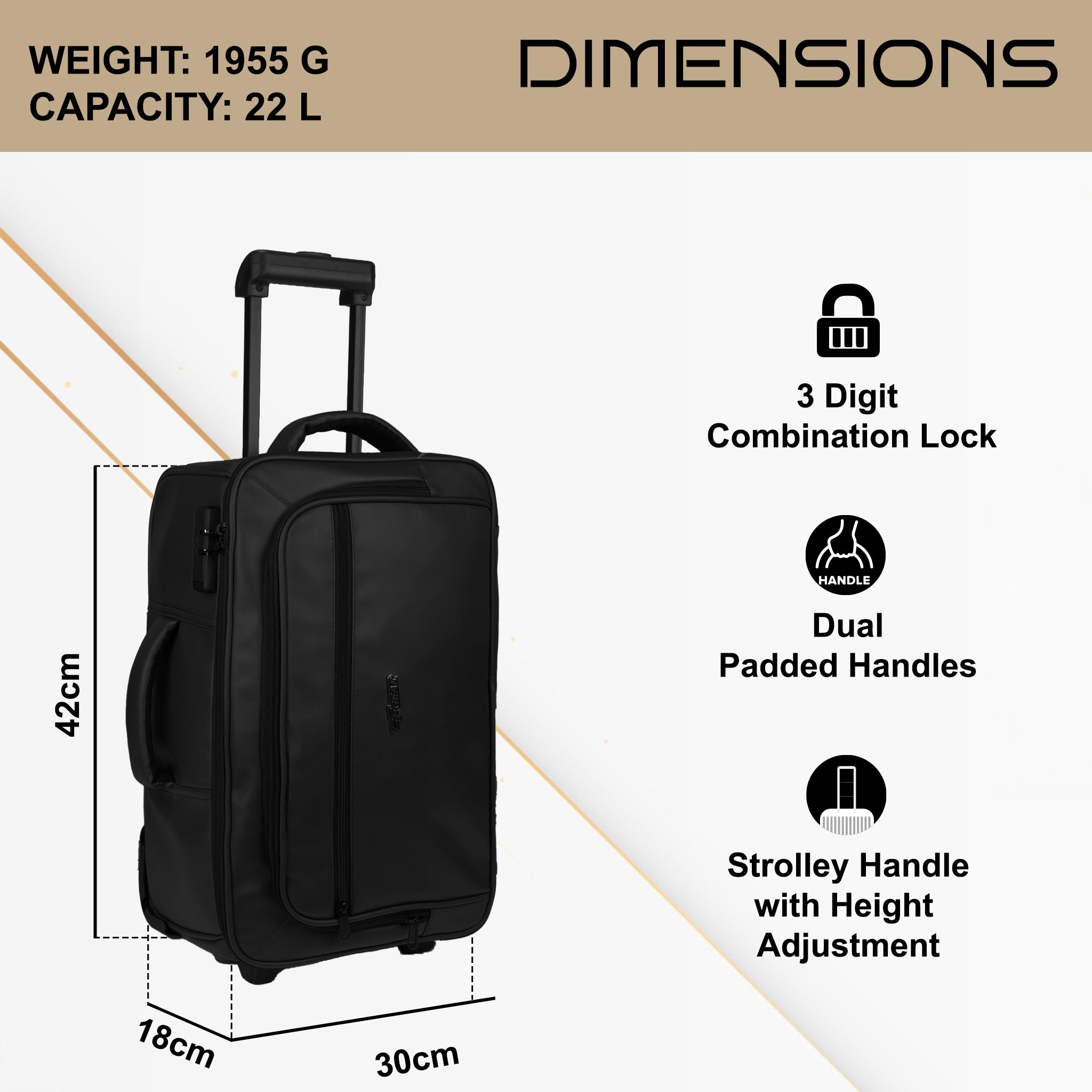 Marshal 22L Black Art Leather Overnighter Pilot Laptop Strolley