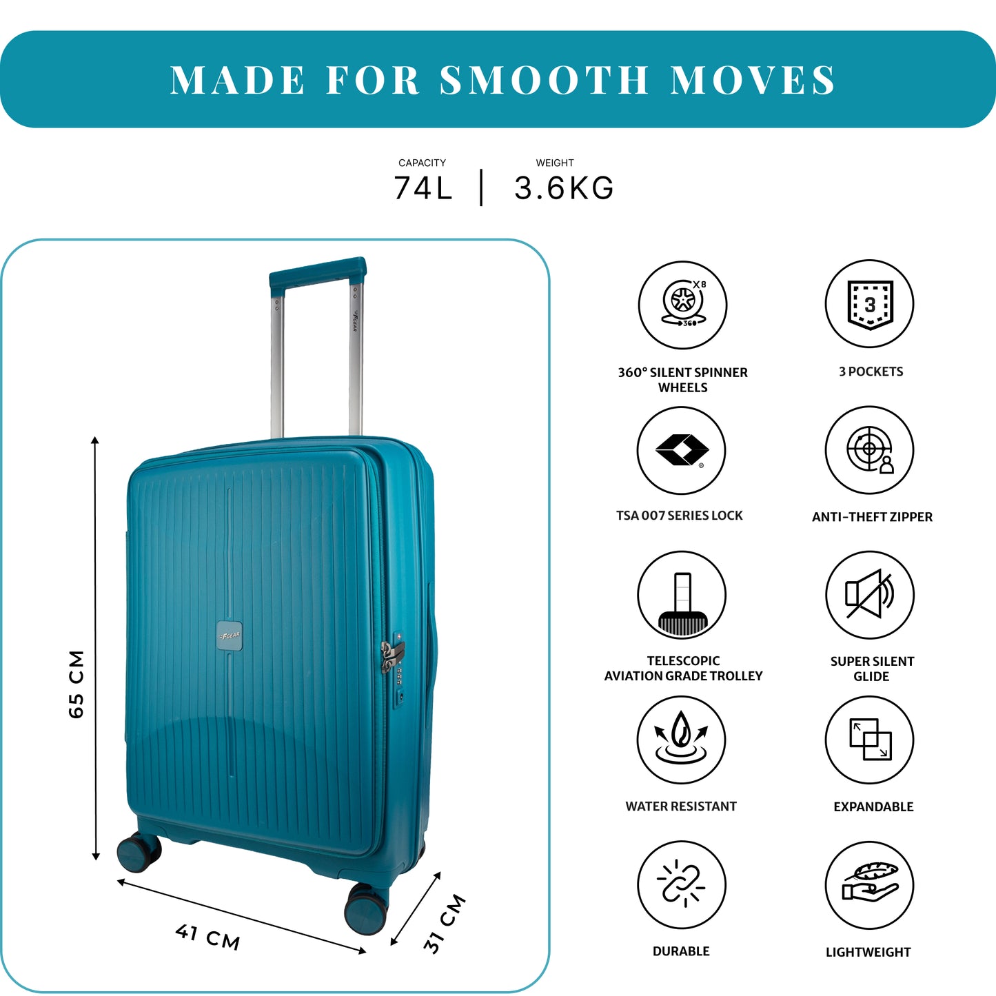 F Gear Myton Medium Front Opening Cyan Blue Check-in Strolley