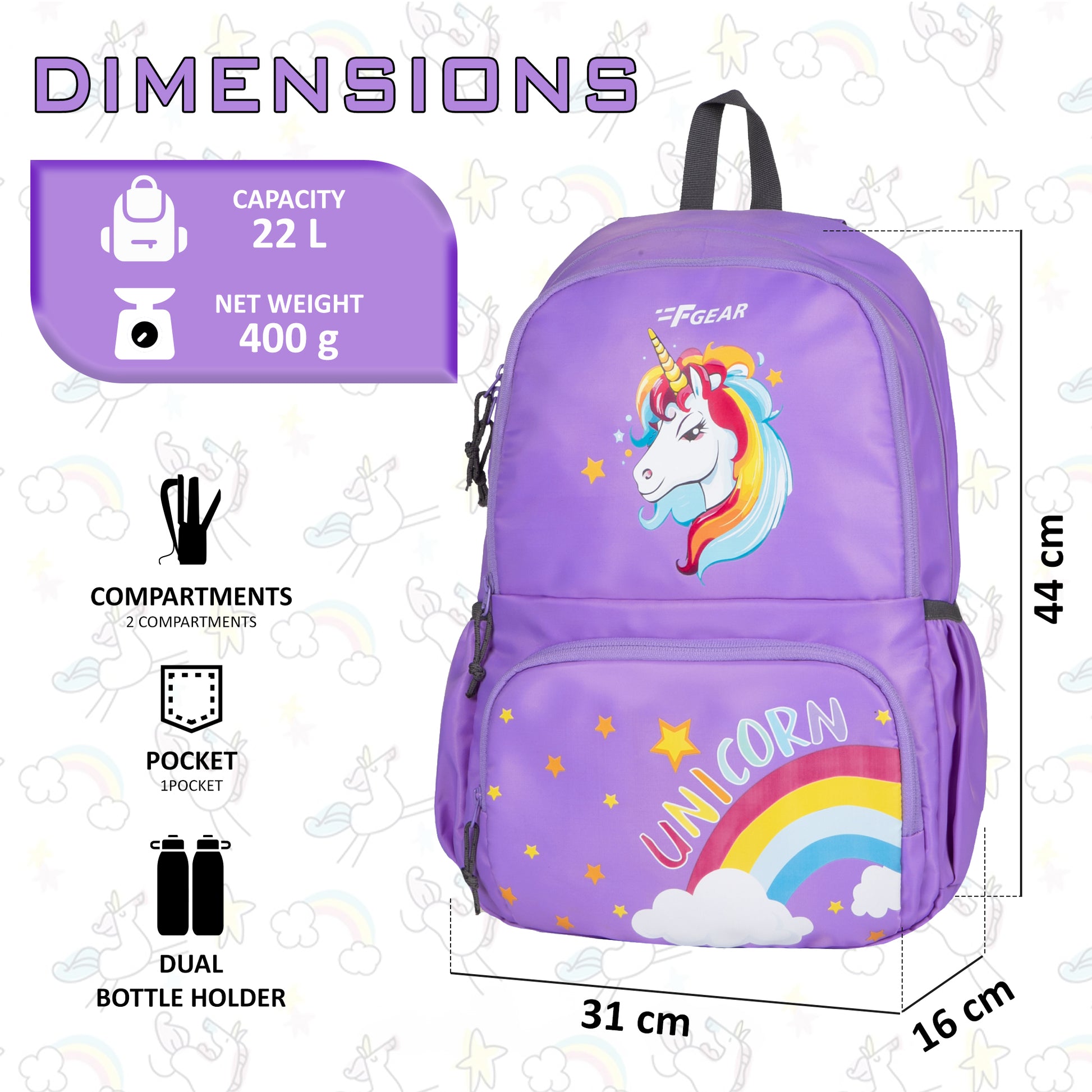 Unicorn 22L Lavender Kids Backpack FGEAR.in Unicorn 22L Lavender Kids Backpack FGEAR.in