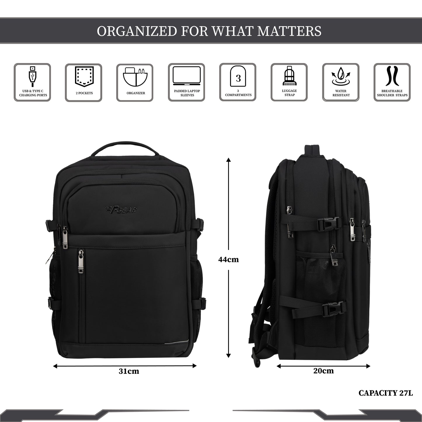 Sydney 27L Black Laptop Backpack