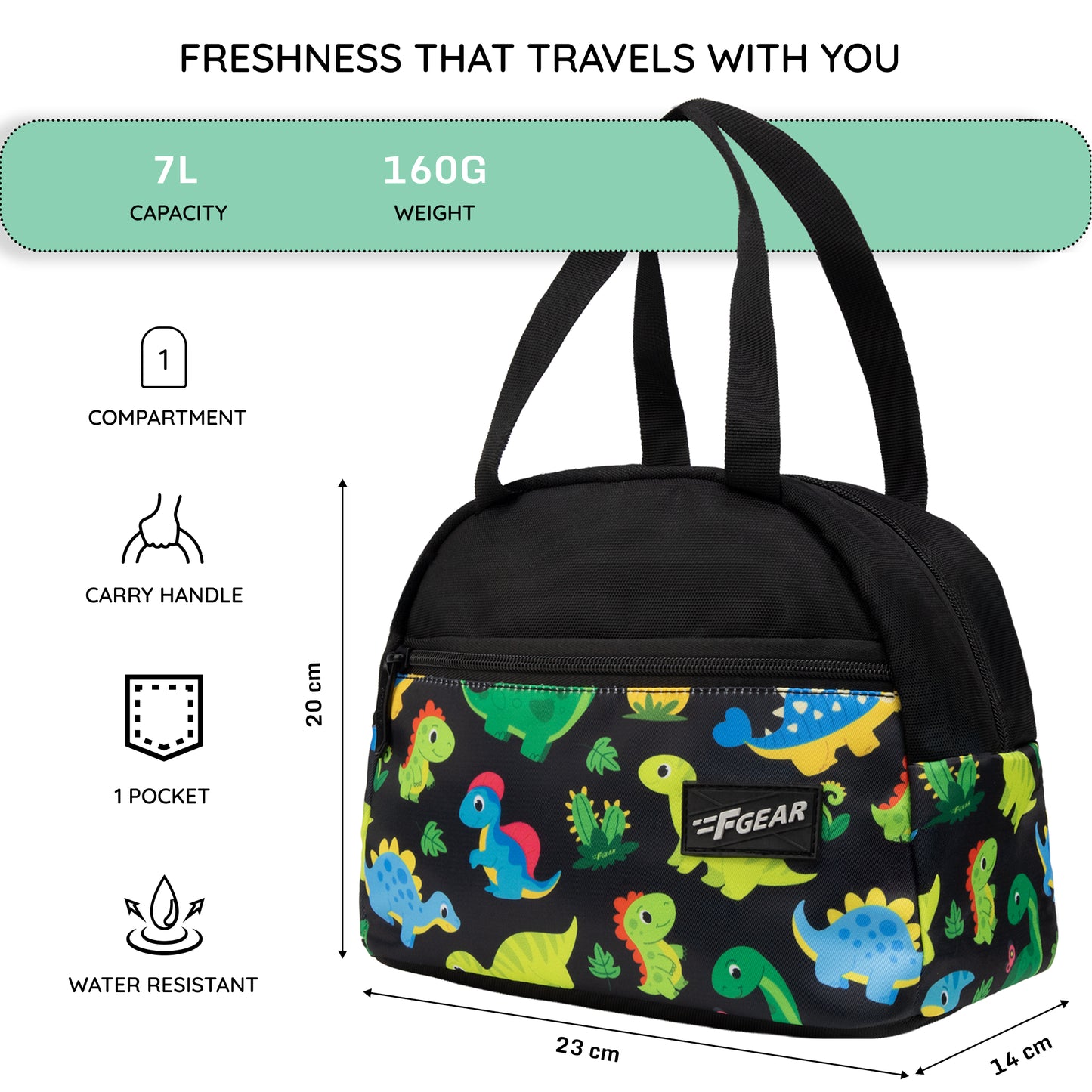 Nugget 7L Black Colourful Dino Lunch Bag