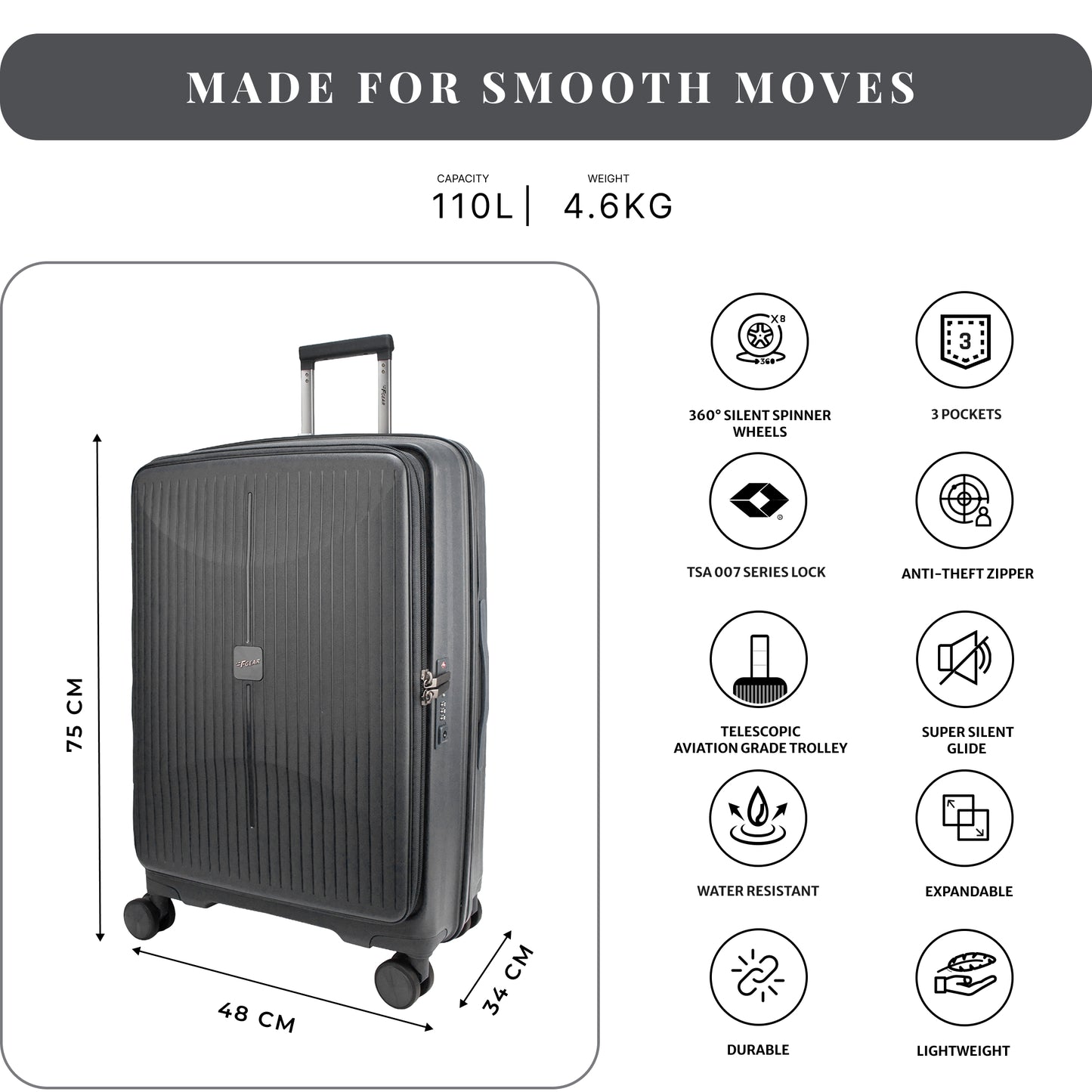 F Gear Myton Large Front Opening Dark Grey Check-in Strolley