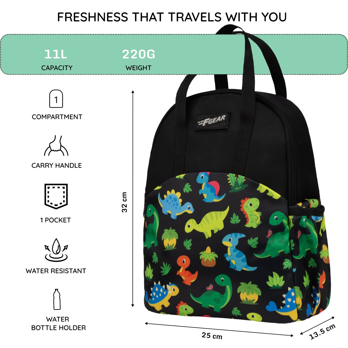 Comida 11L Black Colourful Dino Lunch Bag