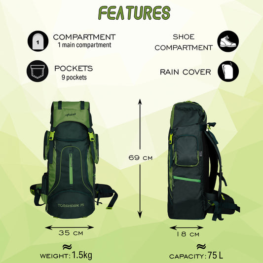 Tomahawk 75L Spruce Forest Green Rucksack with raincover