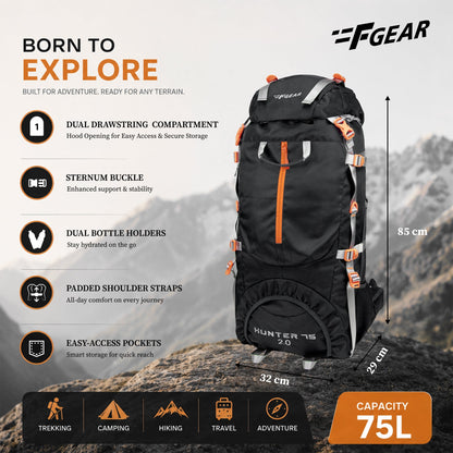 F Gear Hunter 75 2.0 Black 75L Rucksack Trekking Backpack with Inbuilt Rain Cover