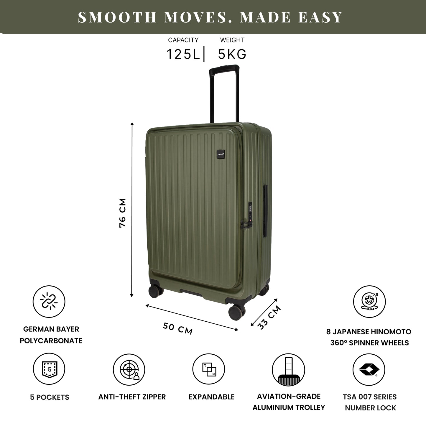 Montreal Large Army Green 76 cms Front-Opening Strolley