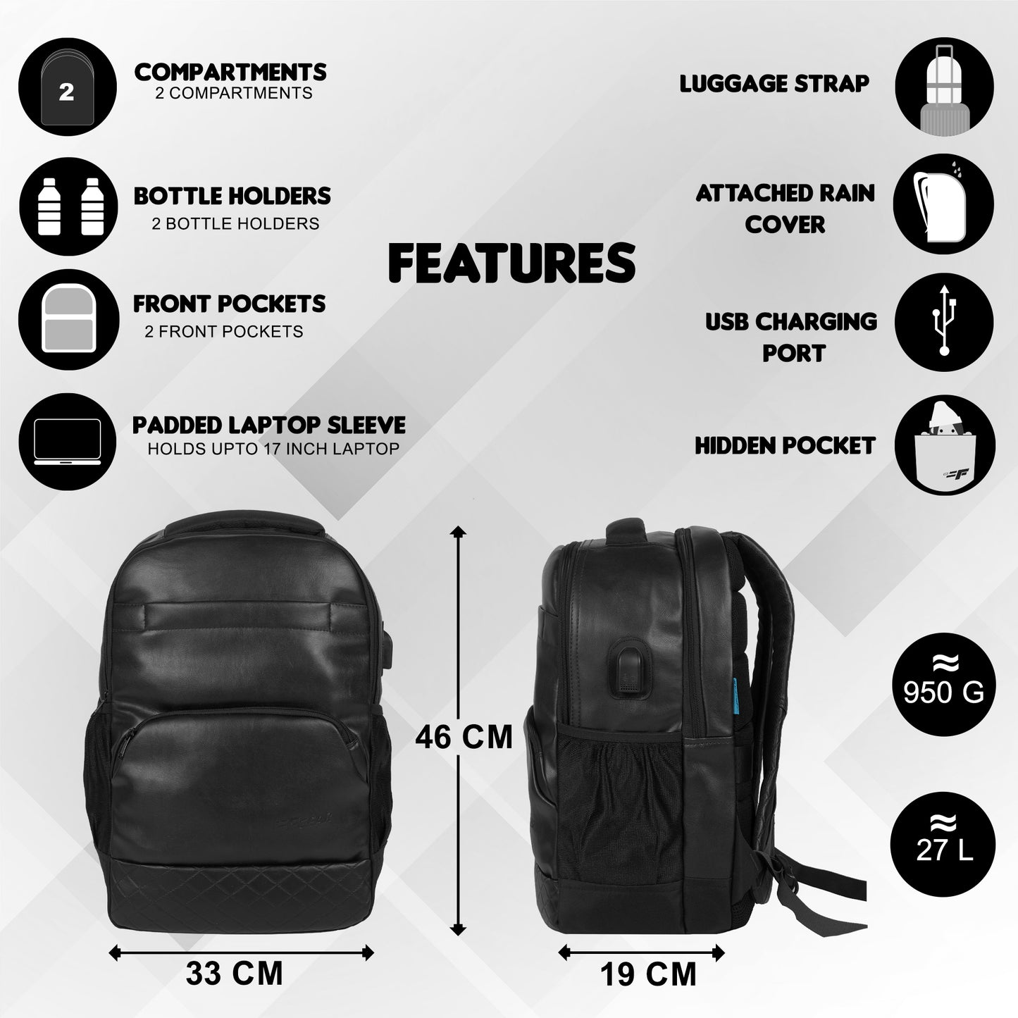 Luxur V2 27L Black Laptop Backpack with Raincover