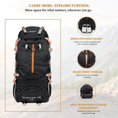 F Gear Hunter 75 2.0 Black 75L Rucksack Trekking Backpack with Inbuilt Rain Cover