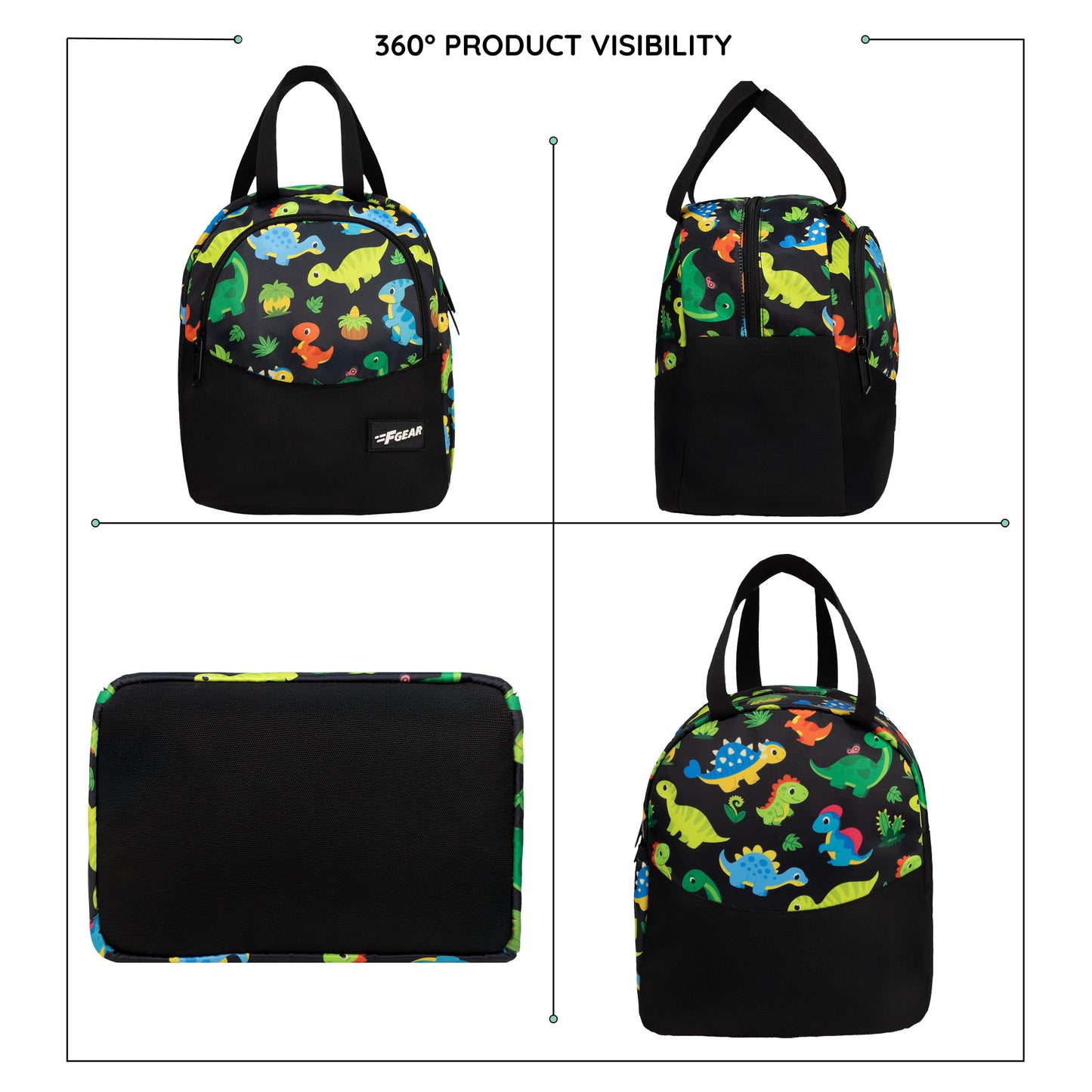 Cibo 9L Black Colourful Dino Lunch Bag