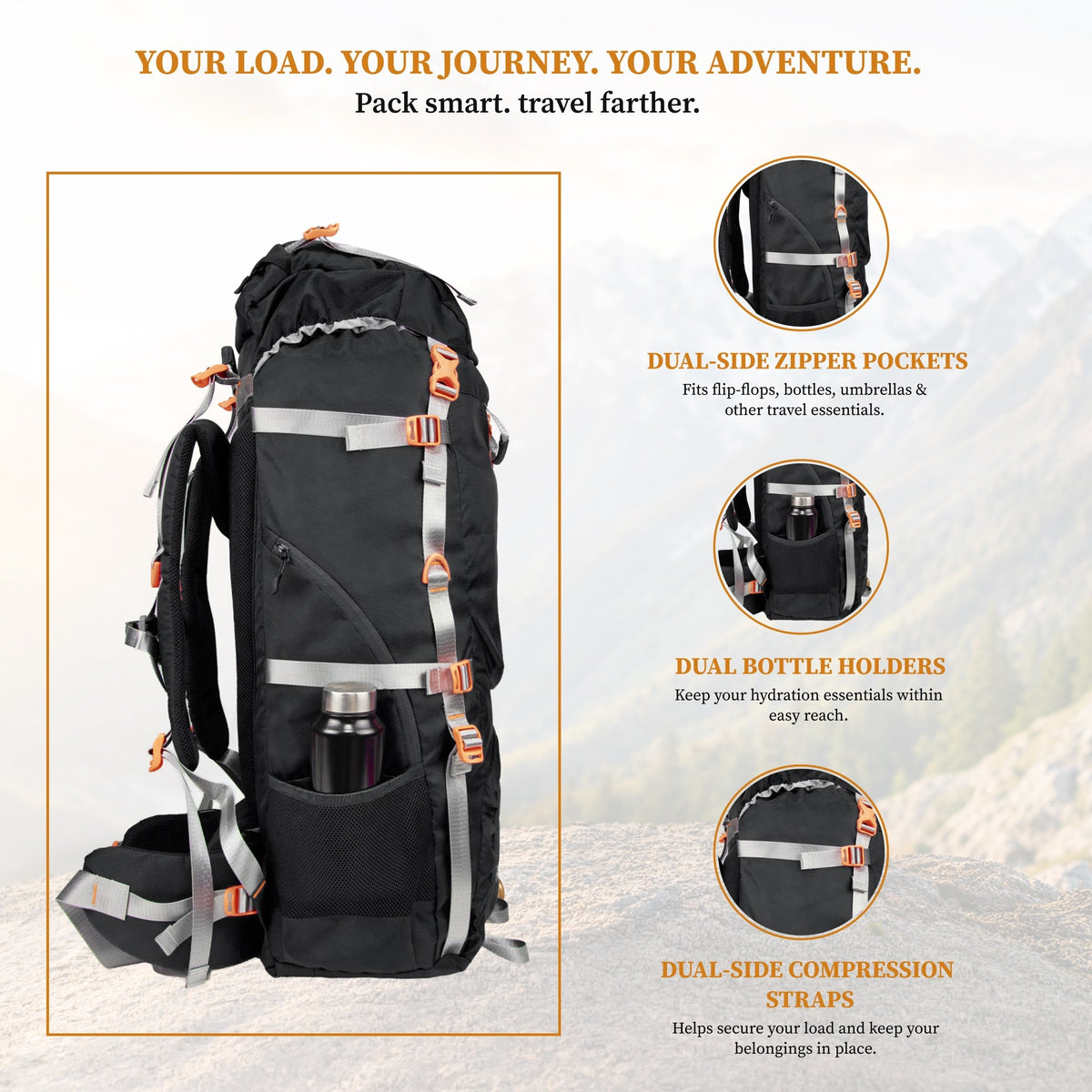F Gear Hunter 75 2.0 Black 75L Rucksack Trekking Backpack with Inbuilt Rain Cover