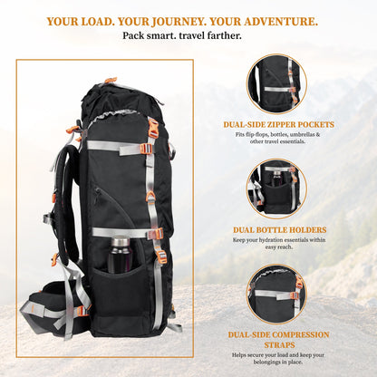 F Gear Hunter 75 2.0 Black 75L Rucksack Trekking Backpack with Inbuilt Rain Cover