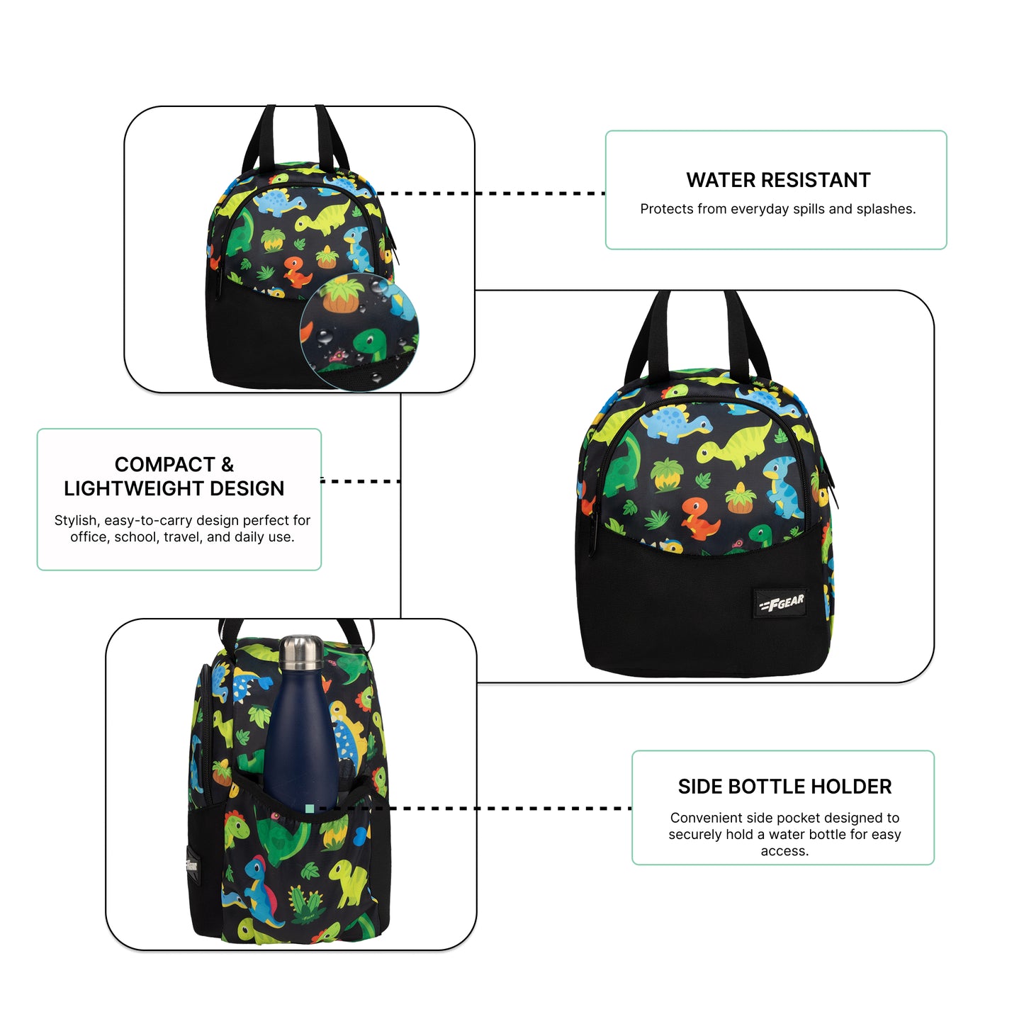 Cibo 9L Black Colourful Dino Lunch Bag
