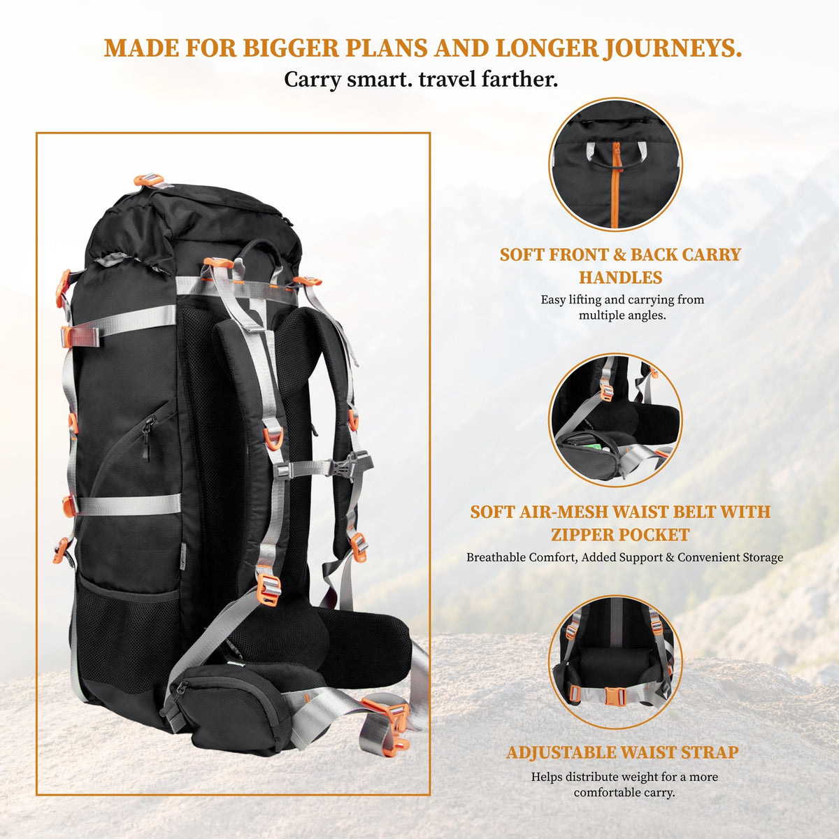 F Gear Hunter 75 2.0 Black 75L Rucksack Trekking Backpack with Inbuilt Rain Cover