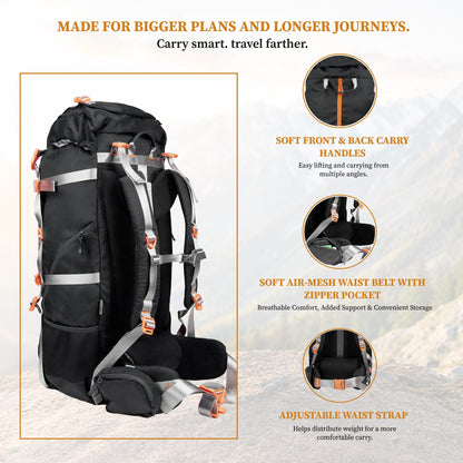 F Gear Hunter 75 2.0 Black 75L Rucksack Trekking Backpack with Inbuilt Rain Cover