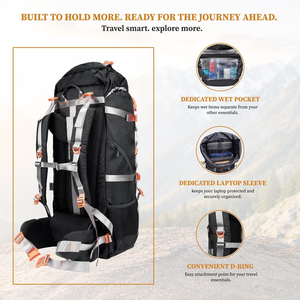 F Gear Hunter 75 2.0 Black 75L Rucksack Trekking Backpack with Inbuilt Rain Cover