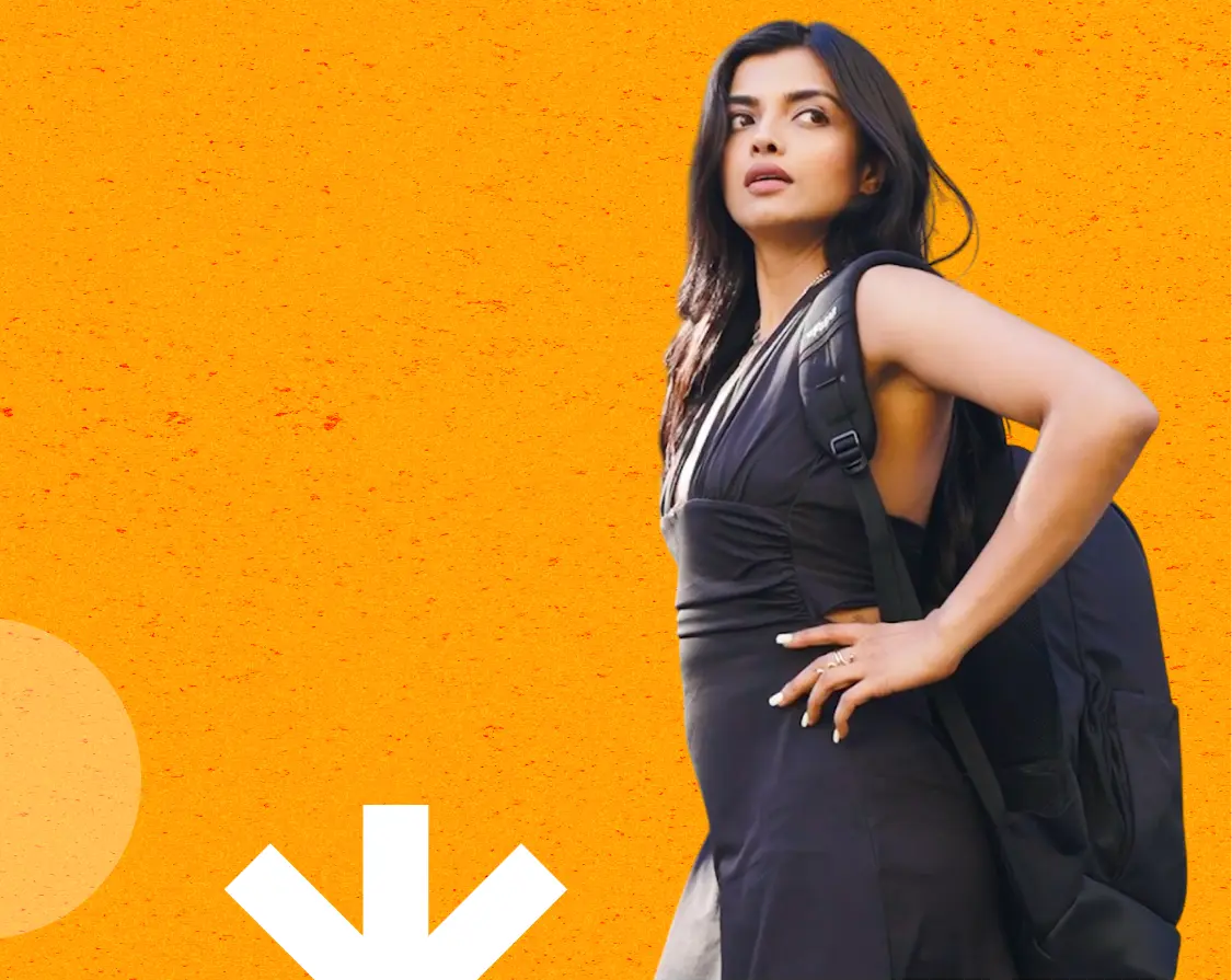 a girl with a bag on back, and the background is yellow