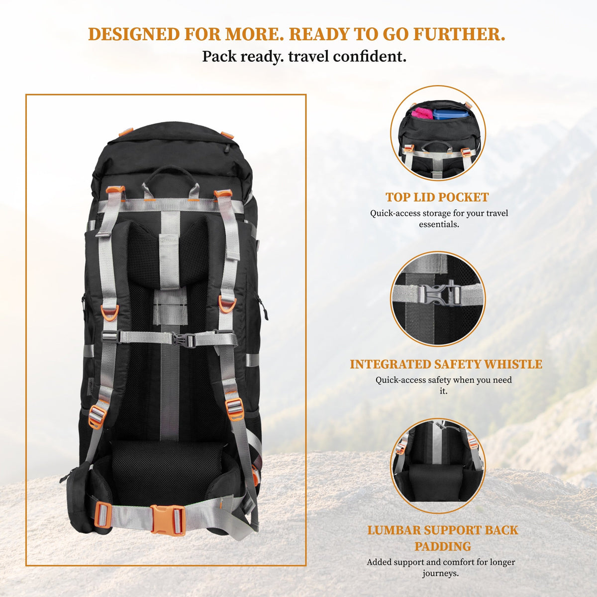 F Gear Hunter 75 2.0 Black 75L Rucksack Trekking Backpack with Inbuilt Rain Cover