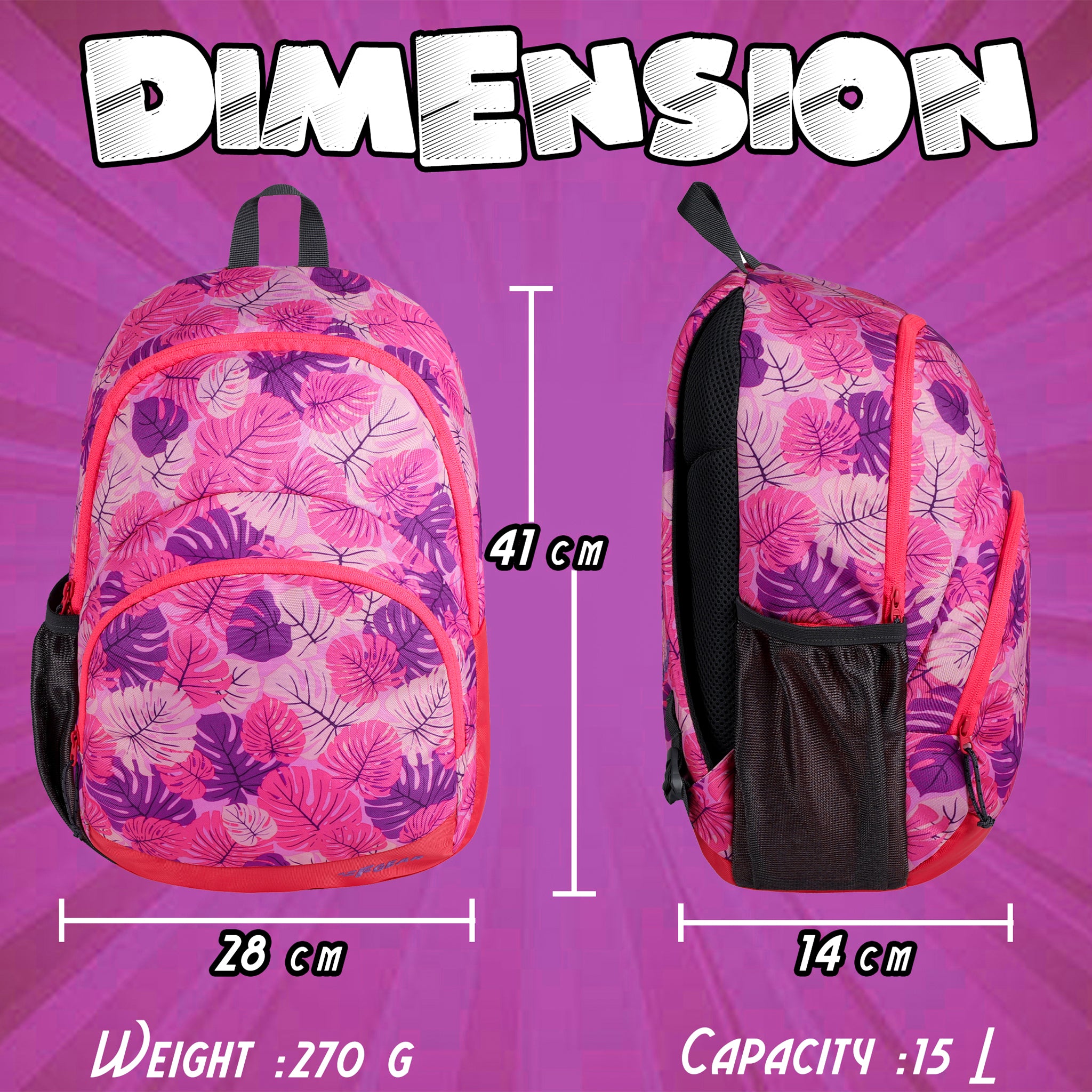 F Gear Dylan Tropical pink and purple 15 L Backpack (4209) F Gear.in