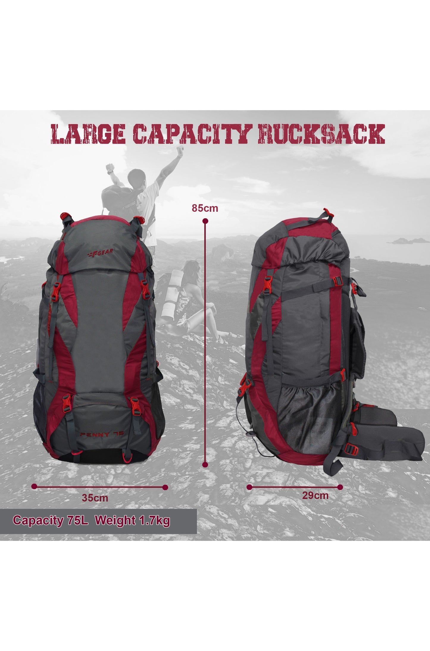 Penny 75L Red Gry Rucksack with Rain Cover