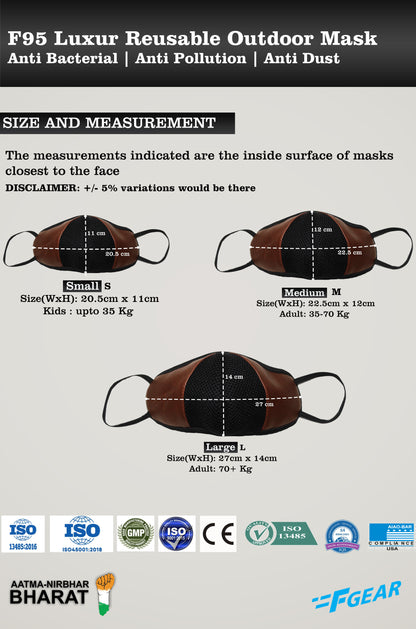 F Gear Luxur Black Brown Olive Green F95 Leatherette Mask 7 layer ISO CE SITRA lab certified >95% Bacteria Filtration PACK-3