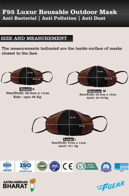 F Gear Luxur F95 Leatherette Mask Brown Safeguard 7 layer ISO CE SITRA lab certified >95% Bacteria Filtration