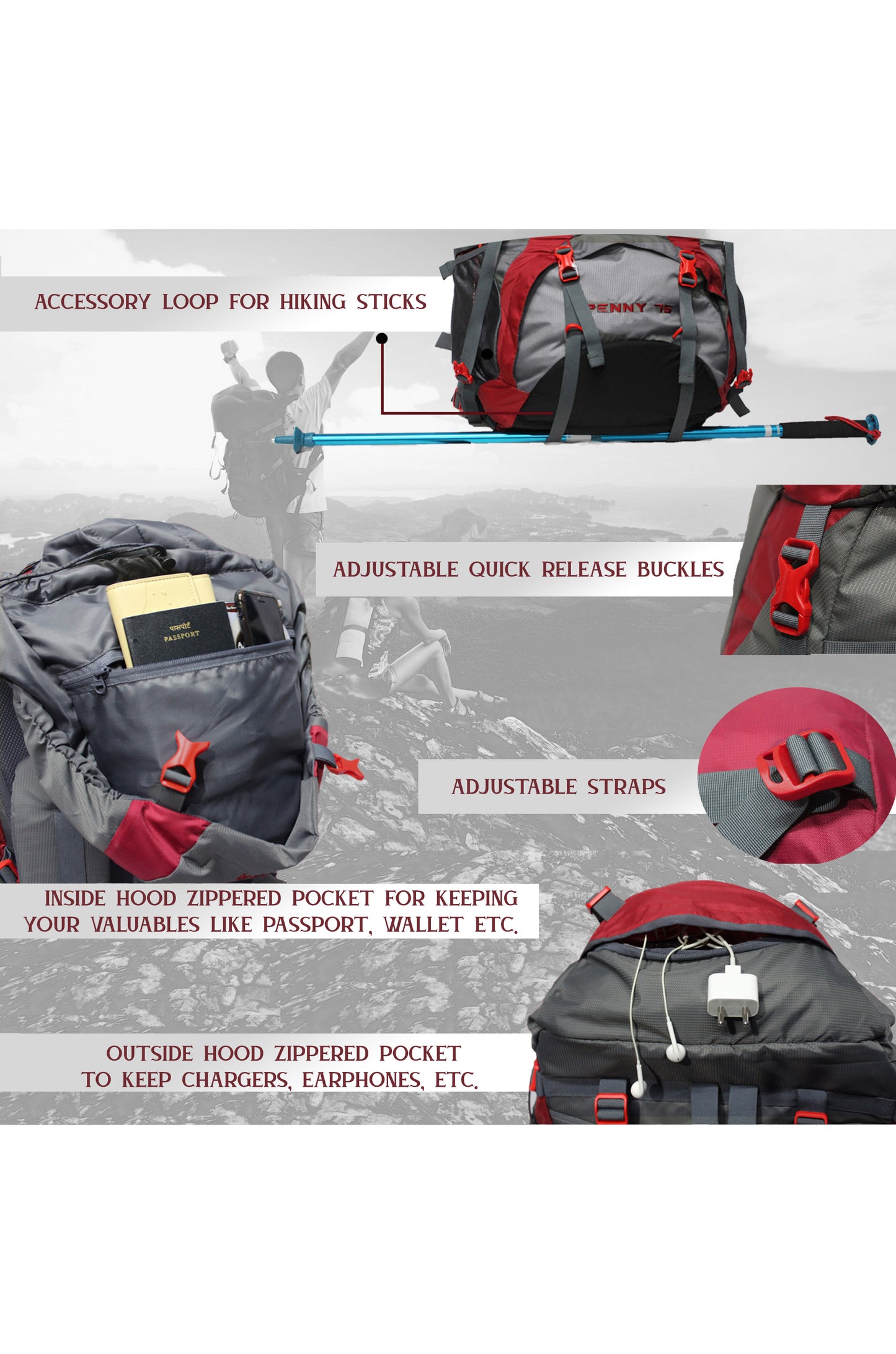 Penny 75L Red Gry Rucksack with Rain Cover