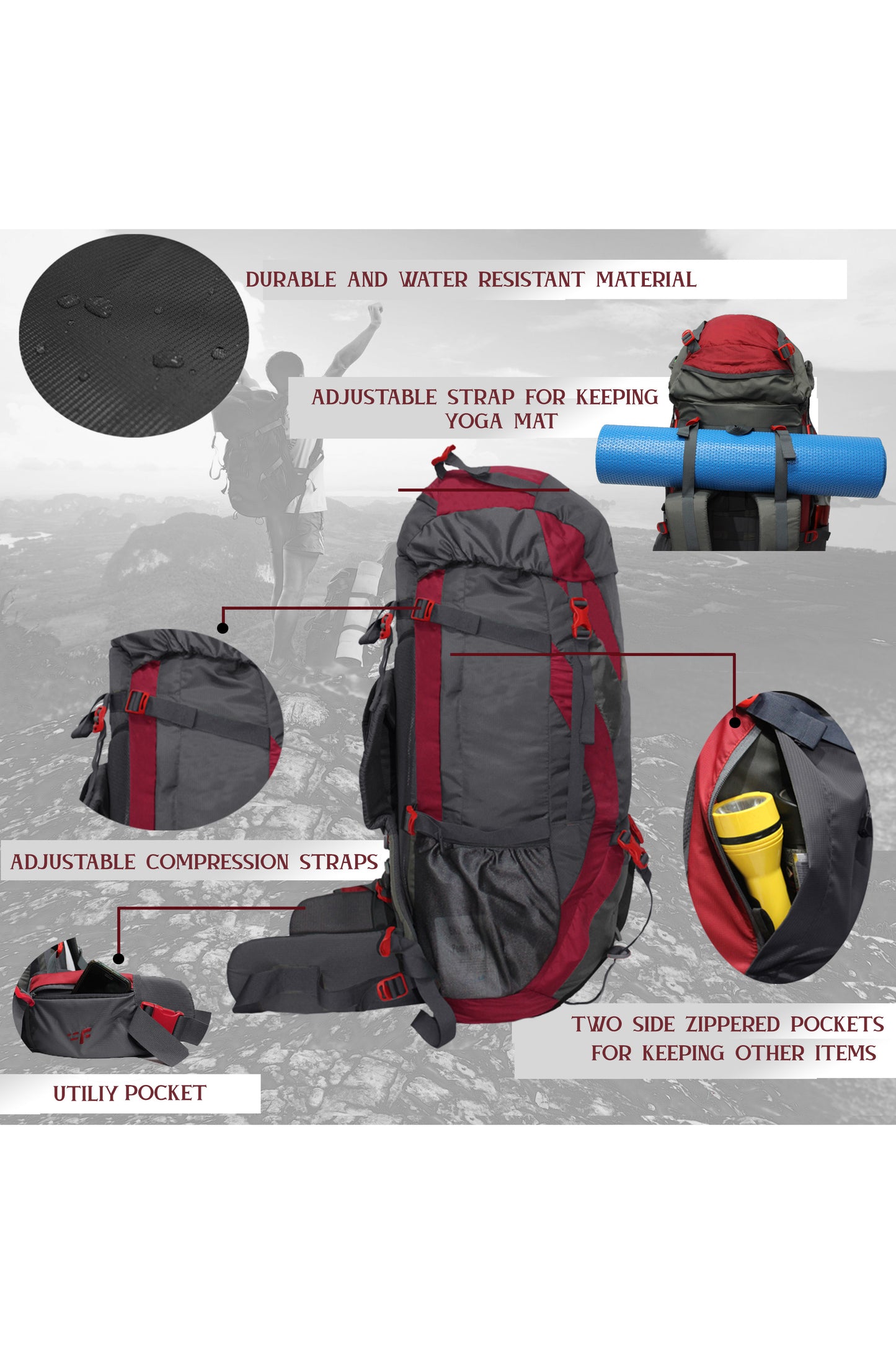 Penny 75L Red Gry Rucksack with Rain Cover