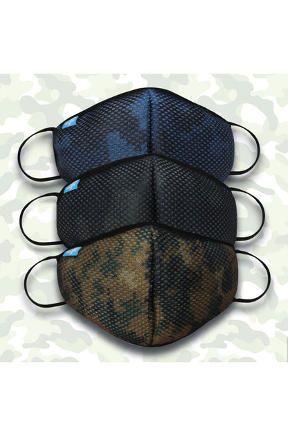 F Gear Safeguard F95 Mask Camo Black- Blue-Khaki 7 layer ISO CE SITRA lab certified >95% Bacteria Filtration PACK-3