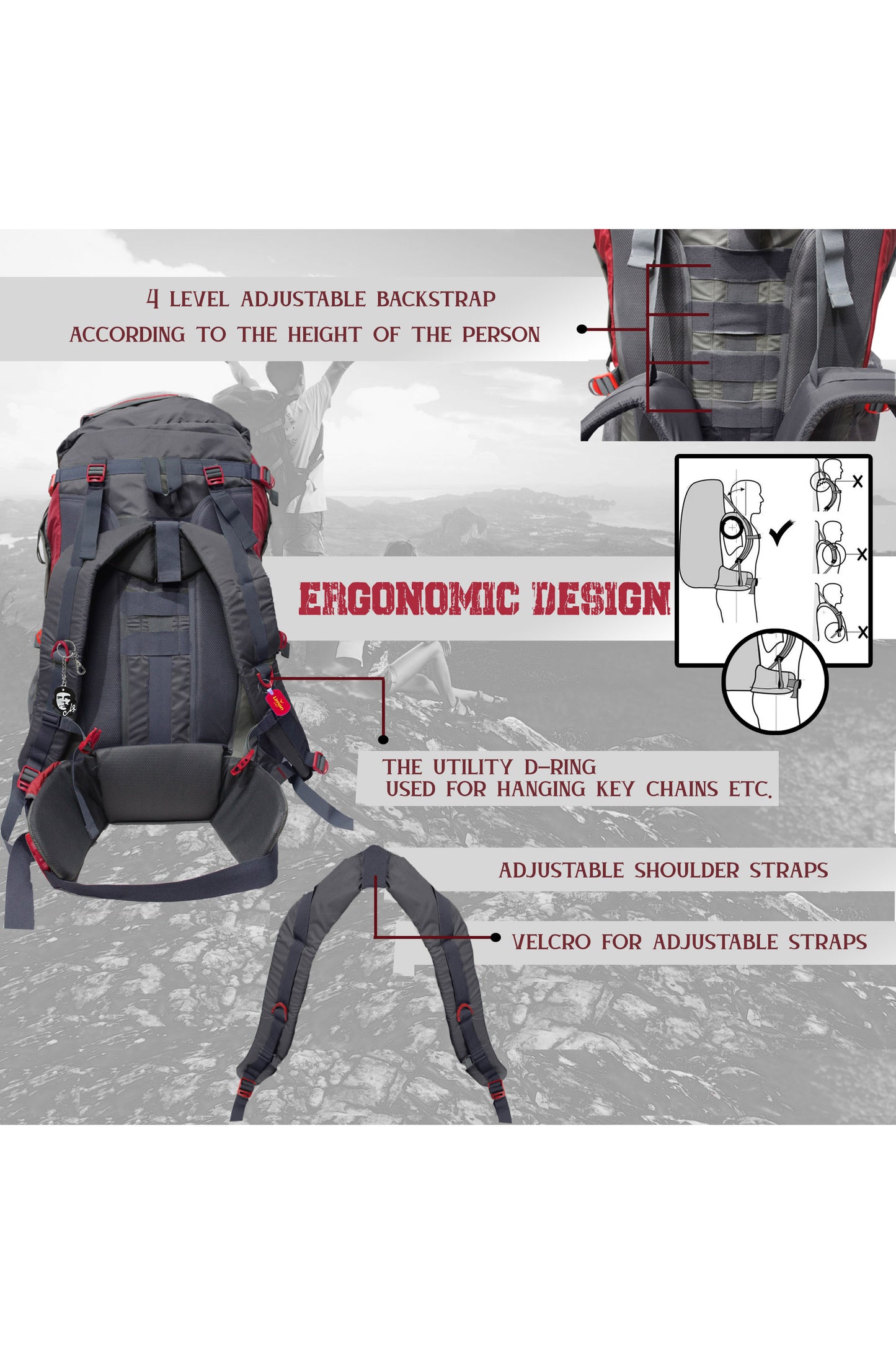 Penny 75L Red Gry Rucksack with Rain Cover