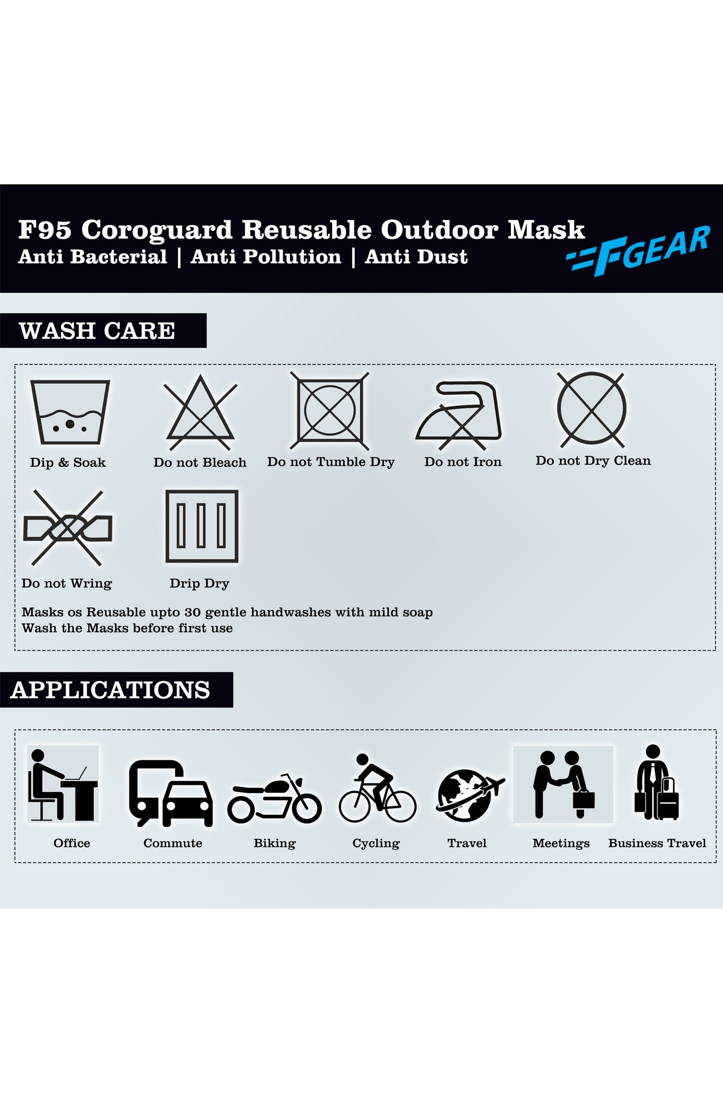 F Gear Coroguard F95 Mask Black-Navy blue-F-green-White-Pavement-Sea green-Wet weather 7 layer ISO CE SITRA lab certified >95% Bacteria Filtration PACK-7