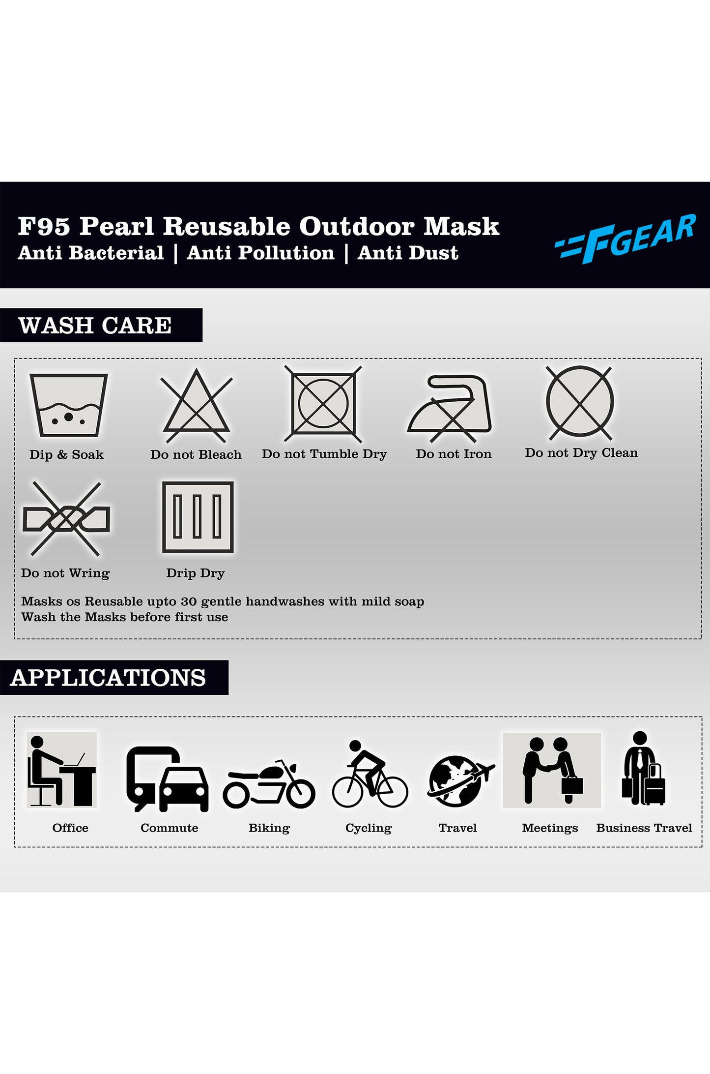 F Gear Pearl F95 Mask Black-Grey-White-F green-Navy Blue-Sea green 7 layer ISO CE SITRA lab certified >95% Bacteria Filtration PACK-6