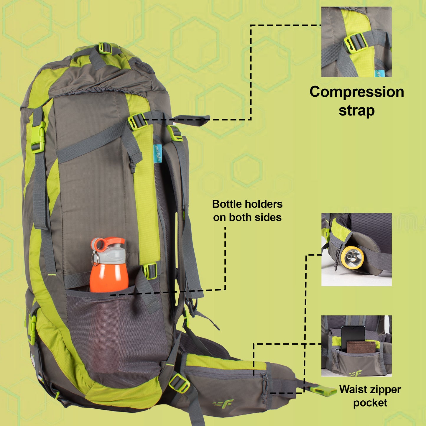 Penny 75L Green Gry Rucksack with Rain Cover