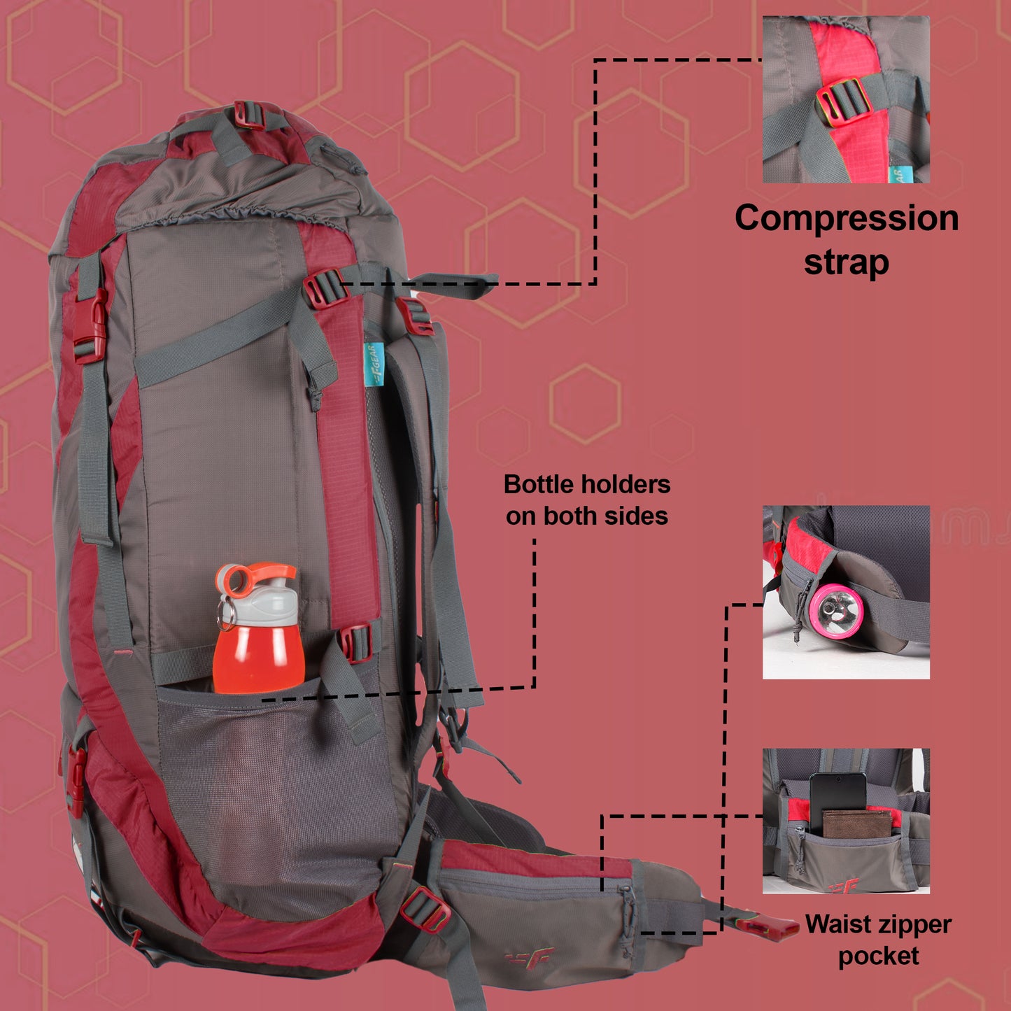 Penny 75L Red Gry Rucksack with Rain Cover