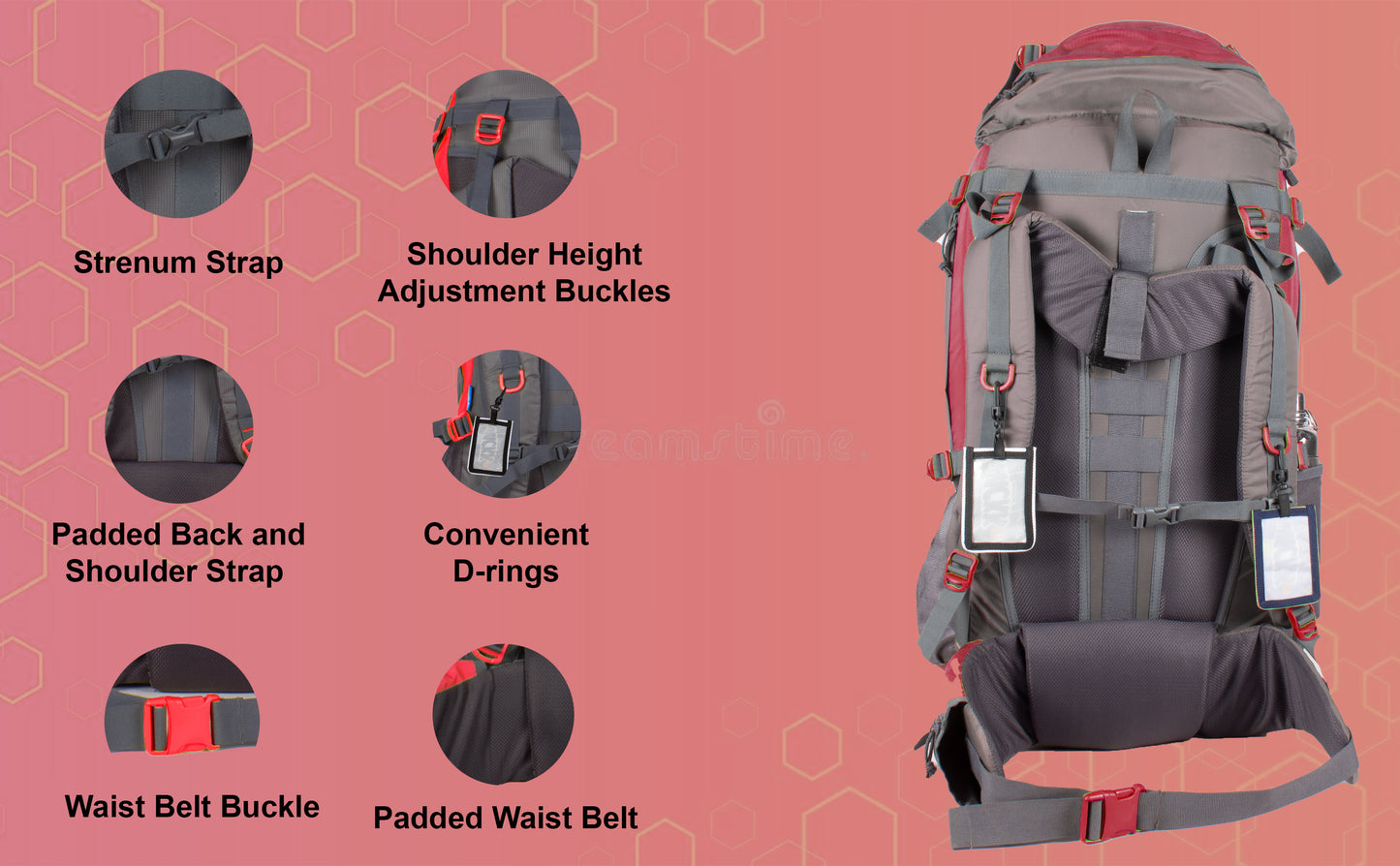 Penny 75L Red Gry Rucksack with Rain Cover