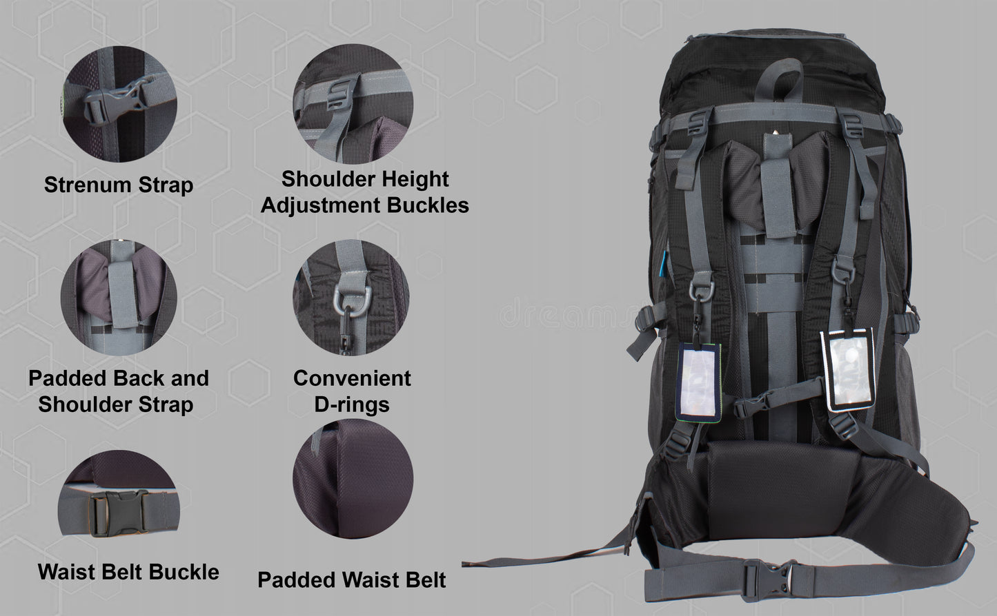 Penny 75L Black Gry Rucksack with Rain Cover